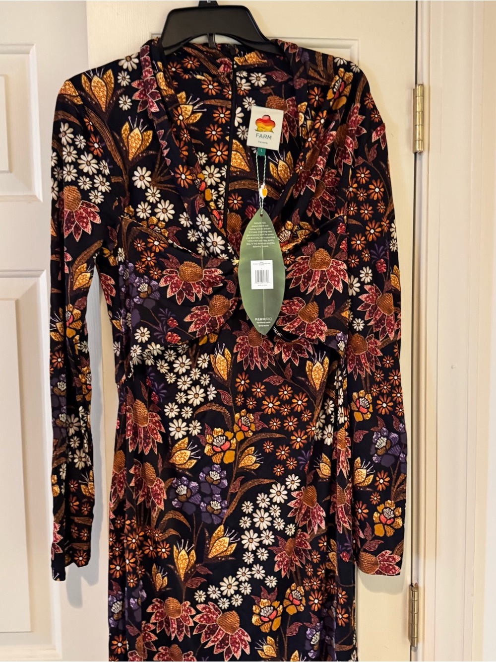 Farm Rio V neck Maxi dress black with brown florals viscous NWT size L - Picture 2 of 16